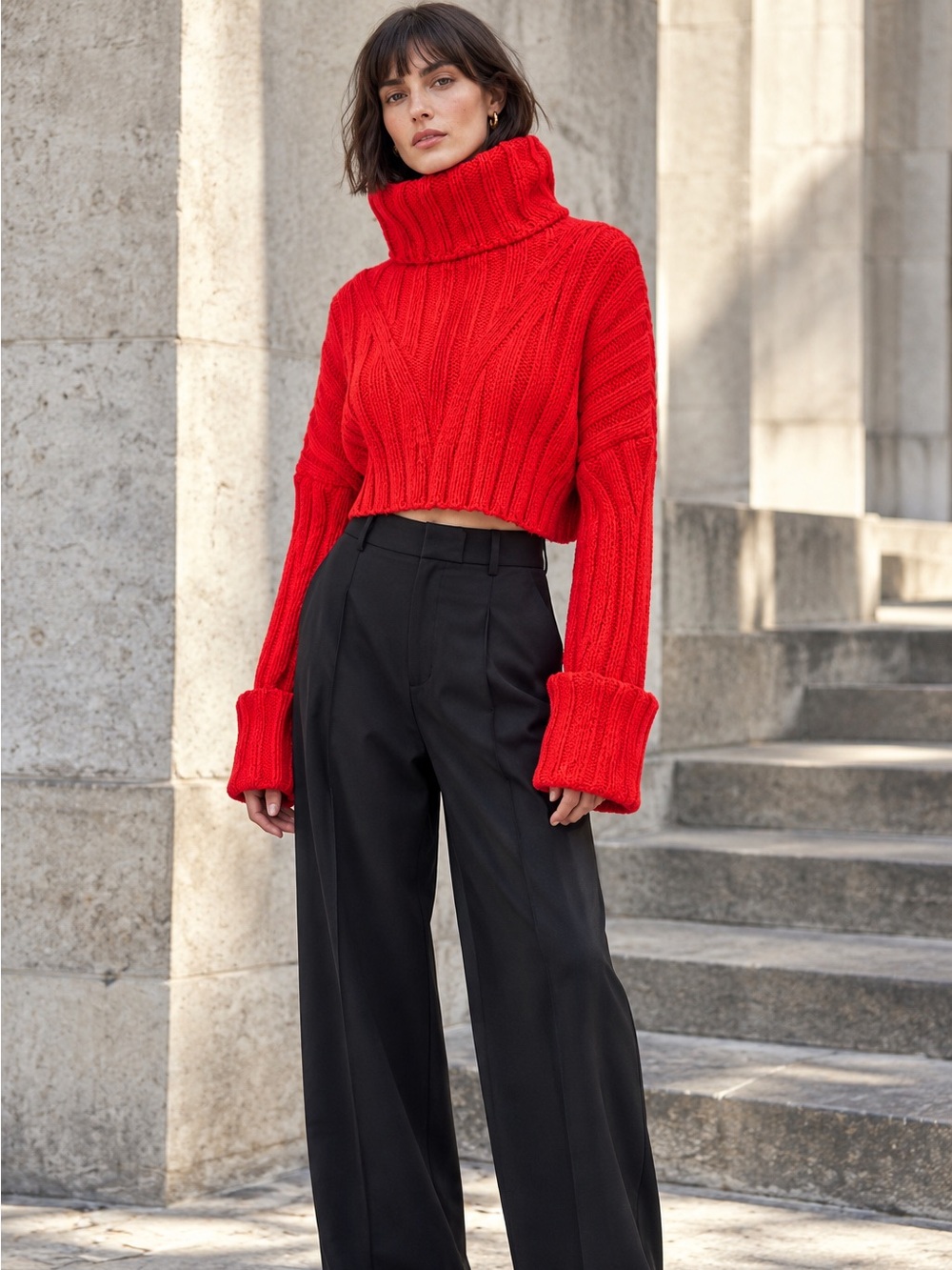 TOPSHOP Chunky Knit Heavy Weight Wool Blend Cabled Cropped Preppy Sweater, S